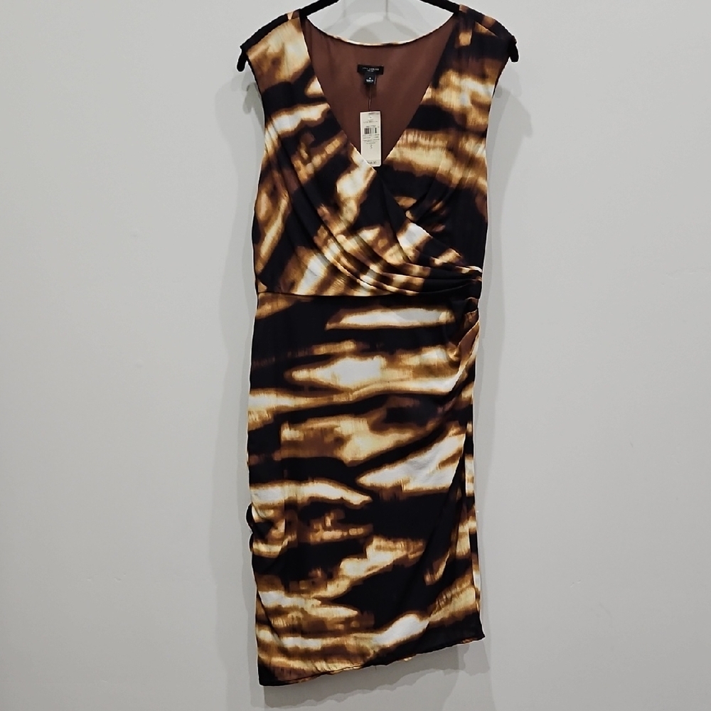 Ann Taylor Brown and Black Ruched Sheath Midi Dress